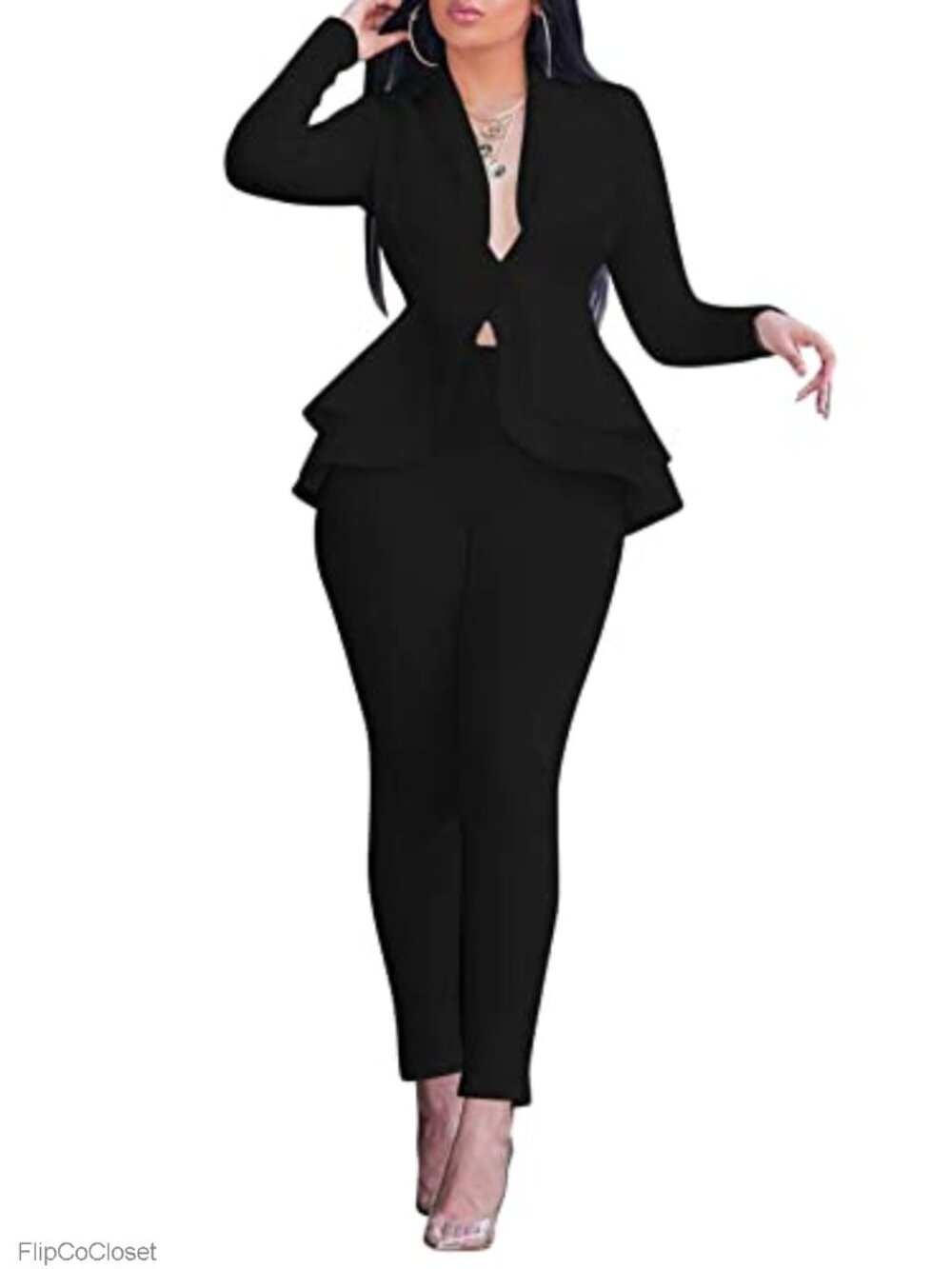 Salimdy 2pc Blazer Pantsuit Set Long Sleeve Ruffled Office Wear